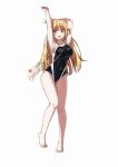  1girl absurdres arm_behind_head armpits arms_up bare_legs black_one-piece_swimsuit blonde_hair breasts brown_eyes commentary_request competition_school_swimsuit covered_navel full_body highleg highleg_swimsuit highres large_breasts long_hair looking_at_viewer mmsk one-piece_swimsuit open_mouth school_swimsuit shokuhou_misaki solo sparkling_eyes stretching swimsuit toaru_kagaku_no_mental_out toaru_kagaku_no_railgun toaru_majutsu_no_index toes tokiwadai_school_swimsuit two-tone_swimsuit v white_background white_one-piece_swimsuit 