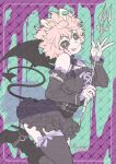  1girl alternate_costume ashido_mina black_dress black_sclera boku_no_hero_academia colored_sclera colored_skin demon_tail demon_wings detached_sleeves dress holding holding_weapon horns looking_at_viewer noriko_mrsm pink_hair pink_skin short_hair solo tail tongue tongue_out weapon wings yellow_eyes 