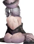  1girl absurdres aonori00 ass bare_back bare_shoulders black_footwear from_behind grey_hair hat highres median_furrow merlin_prismriver qingdai_guanmao shoulder_blades simple_background sitting solo touhou wariza white_background 