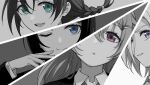  4girls aqua_eyes asaka_karin blue_eyes braid collared_shirt emma_verde grey_eyes hair_ornament hairclip konoe_kanata long_hair long_sleeves looking_at_viewer love_live! love_live!_nijigasaki_high_school_idol_club mia_taylor monochrome multiple_girls one_eye_closed open_mouth parted_lips purple_eyes shirt smile suit twin_braids upper_body wedo 