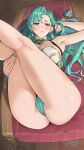  1girl aqua_hair aqua_nails aqua_panties ass braid breasts cameltoe chloe_(fire_emblem) commentary earrings english_commentary fire_emblem fire_emblem_engage green_eyes highres jewelry large_breasts legs_up long_hair lying on_back panties parted_lips pussy_juice sendo_(sendrawz) signature single_braid solo thighs underwear very_long_hair 
