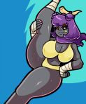  anthro big_breasts black_body black_sclera bodily_fluids breasts clothed clothing digital_media_(artwork) female fingers generation_7_pokemon hair hi_res kiss_the_carrot legendary_pokemon looking_at_viewer marshadow nails nintendo pokemon pokemon_(species) purple_hair shaded simple_background solo sweat thick_thighs wide_hips 
