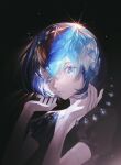  1other black_background black_necktie blue_eyes blue_hair bob_cut colored_eyelashes crystal_hair diamond_(houseki_no_kuni) elbow_gloves gem gem_uniform_(houseki_no_kuni) gloves hands_up highres houseki_no_kuni huli_xiaobai light_particles looking_at_viewer necktie one_eye_closed other_focus parted_lips puffy_short_sleeves puffy_sleeves short_hair short_sleeves solo upper_body white_gloves 