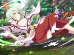  1girl armpits bell belt blue_sky blunt_bangs blush branch breasts bush closed_mouth cloud day detached_sleeves energy falling_leaves fence forest grass green_hair hakama high_collar high_heels japanese_clothes jingle_bell large_breasts leaf light_green_hair light_particles looking_at_viewer motion_lines naraku_(senran_kagura) nature nontraditional_miko official_alternate_costume official_art outdoors picket_fence plant red_eyes red_hakama ribbon-trimmed_sleeves ribbon_trim rope senran_kagura senran_kagura_new_link shimenawa shiny_skin short_hair shrine sideboob sky solo sparkle stairs stone_stairs stone_walkway torii torn_clothes torn_hakama tree white_footwear wooden_fence yaegashi_nan 