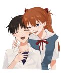  1boy 1girl blush closed_eyes hair_between_eyes happy ikari_shinji neon_genesis_evangelion one_eye_closed open_mouth orange_hair school_uniform simple_background souryuu_asuka_langley teeth tokyo-3_middle_school_uniform uhyo_vi upper_body upper_teeth_only white_background 