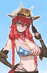  1girl american_flag_bikini bikini black_gloves blue_bikini braid brown_headwear cowboy_hat cowboy_western dragon_girl dragon_horns dragon_tail fingerless_gloves flag_print gloves gun halfbakelim hand_on_own_hip hat highres holding holding_gun holding_weapon horns long_hair looking_at_viewer navel red_bikini red_hair red_scarf scarf shorts sidelocks smile solo star_(symbol) star_print swimsuit tail twin_braids two-tone_bikini virtual_youtuber vshojo weapon yellow_eyes zentreya_(vtuber) zentreya_(vtuber)_(cowboy_bikini) zentreya_(vtuber)_(dragon) 