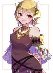  1girl blonde_hair brown_dress choker citrinne_(fire_emblem) closed_mouth dress earrings fire_emblem fire_emblem_engage gem gogatsu_(yeaholiday) gold_choker gold_trim hair_ornament hoop_earrings jewelry light_smile long_dress looking_at_viewer necklace red_eyes shawl short_hair simple_background solo white_background 