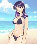  1girl :d beach bikini black_bikini blue_sky breasts brown_eyes cleavage cloud cowboy_shot earrings highres jewelry katsuragi_misato long_hair medium_breasts mizumori_keiichi navel neon_genesis_evangelion ocean open_mouth purple_hair sand sky smile solo standing swimsuit water 