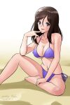  1girl artist_name bikini black_hair blue_eyes breasts cleavage commentary dated elbow_on_knee finger_to_mouth girls_und_panzer halterneck hand_on_leg highres knee_up large_breasts long_hair looking_at_viewer matsui_yasutsugu megumi_(girls_und_panzer) navel on_ground open_mouth purple_bikini sand side-tie_bikini_bottom signature sitting smile solo string_bikini swept_bangs swimsuit 