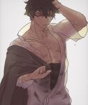  1boy bara black_jacket covered_abs cyp1a2 doudanuki_masakuni highres holding holding_clothes holding_jacket jacket jacket_removed large_pectorals male_focus midriff_sarashi muscular muscular_male pectorals sarashi scar scar_on_face scar_on_nose see-through shirt solo touken_ranbu wet wet_clothes wet_shirt white_shirt 