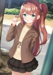  1girl 7fuji_06 absurdres blurry blurry_foreground blush brown_hair cowboy_shot day green_eyes hair_twirling highres jacket long_hair looking_at_viewer one_side_up open_mouth original outdoors ribbon scrunchie side_ponytail skirt solo sweater tree very_long_hair 