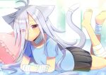  1girl animal_ears antenna_hair bandaged_arm bandaged_hand bandaged_leg bandages barefoot black_skirt blue_shirt blurry blurry_background brown_eyes closed_mouth commentary_request commission depth_of_field eyes_visible_through_hair frilled_pillow frills grey_hair hair_over_one_eye kou_hiyoyo legs_up lying on_stomach original pillow pleated_skirt shirt short_sleeves skeb_commission skirt soles solo tail 