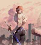  1boy 4others ass bandaged_arm bandages biceps black_pants blue_eyes blurry blurry_background brown_hair cloud cloudy_sky commentary english_commentary evening expressionless highres holding holding_sword holding_weapon looking_back male_focus mikhail_(nyantcha) multiple_others muscular muscular_male nyantcha original pants scar short_hair sideways_glance sky sweat sword very_sweaty weapon wiping_sweat 