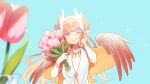  1girl blue_background blurry blurry_foreground bouquet bracelet brown_wings circe_(fate) circlet commentary_request dress fate/grand_order fate_(series) feathered_wings flower head_wings holding holding_bouquet jewelry long_hair looking_at_viewer multiple_bracelets necklace one_eye_closed pink_flower pink_hair pink_tulip purple_eyes puteru simple_background smile solo tulip twitter_username upper_body vase white_dress winged_hair_ornament wings 
