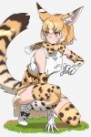  1girl absurdres animal_ear_fluff animal_ears bare_shoulders between_legs blonde_hair blush boots bow bowtie cat_ears cat_girl cat_tail commentary dot_mouth elbow_gloves extra_serval_(kemono_friends) full_body gloves grass hair_between_eyes hand_between_legs high-waist_skirt highres kemono_friends looking_away looking_to_the_side miniskirt multicolored_hair on_one_knee print_bow print_bowtie print_gloves print_skirt print_thighhighs serval_print shirt short_hair sidelocks skirt sleeveless solo squatting tail tanabe_(fueisei) thighhighs white_footwear white_hair white_shirt yellow_eyes zettai_ryouiki 