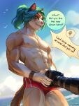  anthro blue_eyes brown_body brown_fur camera english_text felid feline fur hi_res looking_at_viewer male mammal muscular muscular_male nipples poofroom solo speech_bubble swimming_trunks_only tail text 
