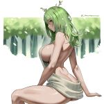  1girl absurdres antlers ass backless_dress backless_outfit bare_shoulders blush breasts ceres_fauna dress flower green_hair hair_between_eyes hair_flower hair_ornament highres hololive hololive_english large_breasts long_hair meme_attire naked_sweater seventeencrows sideboob solo sweater sweater_dress virgin_killer_sweater virtual_youtuber yellow_eyes 