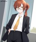  1girl a.i._artificial_intelligence black_dress black_jacket black_pants dress flat_chest jacket kobayashi-san_chi_no_maidragon kobayashi_(maidragon) looking_at_viewer necktie non-web_source office pants ponytail red_hair shirt short_hair solo white_shirt yellow_tie 