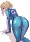  1girl all_fours ass blonde_hair blue_bodysuit blue_eyes bodysuit breasts closed_mouth highres kneeling large_breasts long_hair looking_at_viewer looking_back metroid ponytail racket_ti1 samus_aran shadow sidelocks solo thighs white_background zero_suit 