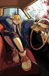  2girls absurdres bangs black_hair black_jacket black_necktie blonde_hair blood_on_window blue_jacket car_crash car_interior chainsaw_man collared_shirt cracked_glass cross-shaped_pupils hair_between_eyes head_rest higashiyama_kobeni highres horns jacket long_hair looking_at_viewer multiple_girls necktie open_mouth pants pants_rolled_up power_(chainsaw_man) red_eyes red_horns sharp_teeth shirt short_hair smile soubu_yuusuke suit_jacket symbol-shaped_pupils teeth tongue tongue_out white_shirt 