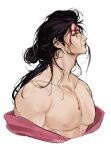  1boy adam&#039;s_apple black_hair blood blood_on_face closed_mouth cropped_torso highres injury izou_(one_piece) japanese_clothes kimono large_pectorals long_hair looking_up male_focus messy_hair muscular muscular_male nipples one_piece partially_undressed pectorals pink_kimono red_lips serious upper_body vamos_mk white_background 