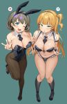  2girls ;d \n/ alternate_costume bare_shoulders between_breasts bikini black_bikini black_hairband black_leotard black_necktie blonde_hair blue_eyes blush breasts brown_pantyhose cleavage covered_navel detached_collar double_\n/ double_w flying_sweatdrops frills full_body green_background green_eyes grey_hair hairband hands_up heanna_sumire heart high_heels highres large_breasts leotard long_hair looking_at_viewer love_live! love_live!_superstar!! maid_bikini micro_bikini multiple_girls navel necktie necktie_between_breasts one_eye_closed one_side_up open_mouth pantyhose parted_lips playboy_bunny short_hair simple_background smile spoken_flying_sweatdrops spoken_heart spoken_sweatdrop standing standing_on_one_leg stomach sweatdrop swimsuit tang_keke tem10 thigh_gap thighs w 