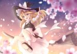  1girl apron blonde_hair bloomers blurry blurry_foreground bow braid broom broom_riding cherry_blossoms dress hair_bow hat hat_bow highres index_finger_raised kirisame_marisa long_hair looking_at_viewer marian_oekaki open_mouth shoe_soles short_hair side_braid sidesaddle sky smile socks solo star_(sky) starry_sky sunset touhou underwear witch witch_hat wrist_cuffs yellow_eyes 