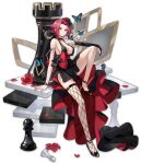  1girl artist_request asymmetrical_gloves asymmetrical_legwear black_dress black_footwear black_gloves blue_eyes bow breasts bug butterfly chess_piece code_geass dress elbow_gloves fingerless_gloves fishnets flower full_body gloves high_heels highres kallen_stadtfeld large_breasts mahjong_soul official_art pawn_(chess) petals red_flower red_hair rook_(chess) sitting solo tachi-e transparent_background 