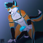  absurd_res anthro athletic balls bodily_fluids canid canine canis genital_fluids genitals harness hi_res hidewolff knot leash leash_pull male mammal penis pinup pose precum presenting solo wolf 