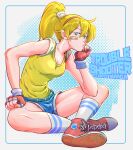  1girl bandaid bandaid_on_cheek bandaid_on_face battle_mania bb9_megadrive blue_shorts breasts character_name commentary_request denim denim_shorts fingerless_gloves gloves hairband head_rest high_ponytail highres indian_style kneehighs ootorii_mania red_hairband shoes short_shorts shorts sitting small_breasts sneakers socks solo tank_top yellow_tank_top 