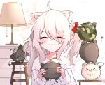  1girl aged_down animal_ear_fluff animal_ears blush brushing_hair closed_eyes closed_mouth creature fang grey_hair hana_s holding holding_creature hololive lion_ears lion_girl one_side_up shirt shishiro_botan skin_fang smile ssrb_(shishiro_botan) virtual_youtuber white_shirt 