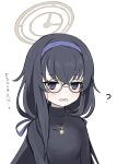  1girl ? absurdres black_hair black_sweater blue_archive blue_eyes blue_hairband blue_ribbon commentary eyewear_strap glasses gold_necklace hair_ribbon hairband halo highres jewelry jitome light_blush long_hair low_twintails necklace ribbon ringed_eyes round_eyewear simple_background solo sr4ez sweater translated turtleneck turtleneck_sweater twintails ui_(blue_archive) upper_body white_background 