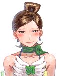  ace_attorney alita_tiala arms_at_sides artist_name bare_shoulders blush brown_hair closed_mouth clover earrings four-leaf_clover green_scarf hair_bun highres jewelry miz_(bannako) portrait scarf shirt signature simple_background single_hair_bun sleeveless sleeveless_shirt smile swept_bangs white_background white_shirt 