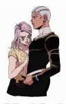  2boys aged_down blind dark-skinned_male dark_skin enrico_pucci facial_mark grey_eyes hage_tashuumi jojo_no_kimyou_na_bouken jongalli_a long_hair male_focus multiple_boys pink_hair robe stone_ocean vest white_hair 