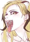  1girl blonde_hair brown_hair cheetah_print collarbone extra_ears eyelashes eyeshadow fangs kemono_friends king_cheetah_(kemono_friends) kishida_shiki leaning_forward lips long_hair looking_at_viewer makeup multicolored_hair nude open_mouth sketch slit_pupils smile solo teeth tongue tongue_out two-tone_hair yellow_eyes 