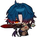 1boy ahoge blade_(honkai:_star_rail) chibi chinese_clothes covering_mouth english_commentary hair_over_one_eye holding holding_sword holding_weapon honkai:_star_rail honkai_(series) long_hair looking_at_viewer male_focus official_art parted_lips red_eyes solo sword transparent_background weapon 