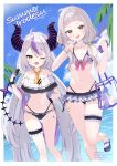 2girls absurdres ahoge alternate_costume alternate_hairstyle ascot bag bare_shoulders beach bracelet breasts cellphone cleavage collarbone commentary_request demon_girl demon_horns demon_tail fingernails full_body grey_hair handbag highleg highres hololive horns ichipon1515 jewelry la+_darknesss leg_up legs long_hair looking_at_viewer low_twintails medium_hair multicolored_hair multiple_girls murasaki_shion nail_polish navel one_eye_closed open_mouth palm_tree phone purple_hair sandals small_breasts smartphone standing standing_on_one_leg stomach streaked_hair striped striped_horns swimsuit tail thigh_strap toenail_polish toenails toes tree twintails v very_long_hair virtual_youtuber white_background yellow_eyes 