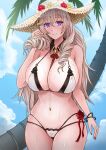  1girl algerie_(azur_lane) algerie_(white_sand_paradise)_(azur_lane) azur_lane bikini breasts brown_bikini cameltoe cowboy_shot day drill_hair drill_sidelocks flower grey_hair hand_in_own_hair hat hat_flower highres huge_breasts long_hair looking_at_viewer multi-strapped_bikini multiple_straps official_alternate_costume outdoors palm_tree purple_eyes red_flower red_nails sai-go sidelocks solo standing straw_hat summer sun_hat swimsuit tree two-tone_bikini white_bikini white_flower yellow_flower 