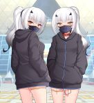  2girls black_hair black_shirt blunt_bangs blush character_request collar cowboy_shot day exhibitionism fate/grand_order fate_(series) gradient_hair hands_in_pockets hood hood_down hooded_jacket huoji_(wonderturkey) jacket long_hair looking_at_viewer mask melusine_(fate) mouth_mask multicolored_hair multiple_girls no_pants orange_eyes outdoors ponytail public_indecency shirt sweat thighlet tokyo_big_sight vibrator_cord 