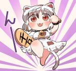  1girl animal_ears barefoot bell cat_ears cat_tail full_body goutokuji_mike jingle_bell orange_eyes patch rokugou_daisuke shirt short_hair short_sleeves signature solo tail tongue tongue_out touhou white_hair white_shirt 