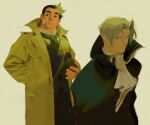  2boys ace_attorney bandaid bandaid_on_cheek bandaid_on_face coat costume_request dick_gumshoe expressionless feet_out_of_frame goatee_stubble green_coat green_necktie grey_hair looking_to_the_side male_focus mature_male miles_edgeworth mr_kasuy multiple_boys necktie raised_eyebrows short_hair sideburns sidelocks standing 