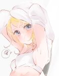  1girl :t armpits blonde_hair blue_eyes blush bow breasts commentary_request embarrassed hair_bow hair_ornament hairclip highres kagamine_rin looking_at_viewer medium_breasts mimi_mine pout shirt sideways_glance sketch spoken_squiggle squiggle undressing vocaloid white_bow 