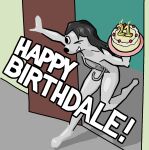  2023 anthro binary_drawing birthday birthday_cake black_hair cake candle canid canine canis cel_shading cherry daleport996 dessert domestic_dog door doorway english_text entering_room female fire food fruit glistening glistening_body hair holding_cake holding_food holding_object holding_plate humor mammal one_eye_closed outline plant pun running shaded sinkdog smile solo tailless text wall_(structure) white_body 