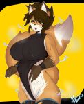  absurd_res anthro bodily_fluids brown_hair canid canine clothing ear_piercing eyeshadow female fox fur hair hi_res jayme_(psychflood) leotard makeup mammal orange_body orange_fur piercing psychflood pulling_clothes solo sweat white_body white_fur wristband yellow_eyes 