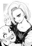  &gt;:) 1boy 1girl android_18 bald black_shirt breast_press breasts closed_mouth collarbone commentary_request couple dragon_ball earrings embarrassed eyelashes face_to_breasts fingernails hair_over_one_eye hand_on_another&#039;s_cheek hand_on_another&#039;s_face head_tilt hetero highres hoop_earrings hug jewelry kuririn lips long_sleeves looking_at_another medium_breasts medium_hair monochrome open_mouth popon050707 shirt simple_background smile straight_hair sweat teeth upper_teeth_only v-shaped_eyebrows w white_background white_sleeves wide-eyed 