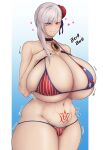  1girl absurdres american_flag_bikini bikini blush breasts command_spell drooling fate/grand_order fate_(series) flag_print gigantic_breasts groin hand_on_own_chest heart heart-shaped_pupils highres miyamoto_musashi_(fate) miyamoto_musashi_(swimsuit_berserker)_(fate) miyamoto_musashi_(swimsuit_berserker)_(second_ascension)_(fate) pubic_tattoo signature skindentation smile solo swimsuit symbol-shaped_pupils tattoo white_hair zer0.zer0 