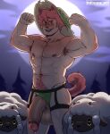  1boy abs alternate_body_hair animal_ears armpit_hair armpits bara clothing_aside crotch_cutout double_biceps_pose feet_out_of_frame flaccid flexing freckles full_moon girthy_penis green_eyes green_male_underwear halloween hat highres huge_moon huge_penis kemonomimi_mode large_pectorals looking_at_viewer luiixury_art male_focus male_underwear male_underwear_aside milo_(pokemon) moon moon_background muscular muscular_male navel navel_hair nipples open_mouth pectorals penis pink_hair pokemon pokemon_(creature) pokemon_(game) pokemon_swsh precum revealing_clothes seductive_smile short_hair smile solo_focus standing stomach sun_hat tail thick_eyebrows thick_navel_hair thick_thighs thighs topless_male tree uncensored underwear v-shaped_eyebrows wolf_boy wolf_ears wolf_tail wooloo 