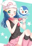  1girl ;d beanie black_shirt blush boots commentary_request dawn_(pokemon) eyelashes green_eyes hair_ornament hairclip hands_up hat highres holding holding_poke_ball kneehighs long_hair one_eye_closed open_mouth pink_footwear pink_skirt piplup poke_ball poke_ball_(basic) poke_ball_print pokemon pokemon_(creature) pokemon_(game) pokemon_dppt poketch shirt skirt sleeveless sleeveless_shirt smile socks spread_fingers star_(symbol) sugutsuka_rerun watch white_headwear wristwatch 