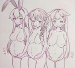  3girls big_belly blush braid braided_ponytail breasts collarbone commentary_request hairband kantai_collection large_breasts long_hair looking_at_viewer monochrome multiple_girls navel nipples open_mouth pregnant pussy shigure_(kancolle) shimakaze_(kancolle) traditional_media tsukareta_san yuudachi_(kancolle) 