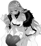  1girl azur_lane book bra bra_peek breasts cleavage cleavage_cutout clothing_cutout coat covered_navel earrings flower fur-trimmed_coat fur_trim garter_straps greyscale hair_flower hair_ornament high_collar highres holding holding_book hori_(hori_no_su) jewelry large_breasts leotard long_hair monochrome sitting solo thighhighs underwear voroshilov_(azur_lane) 